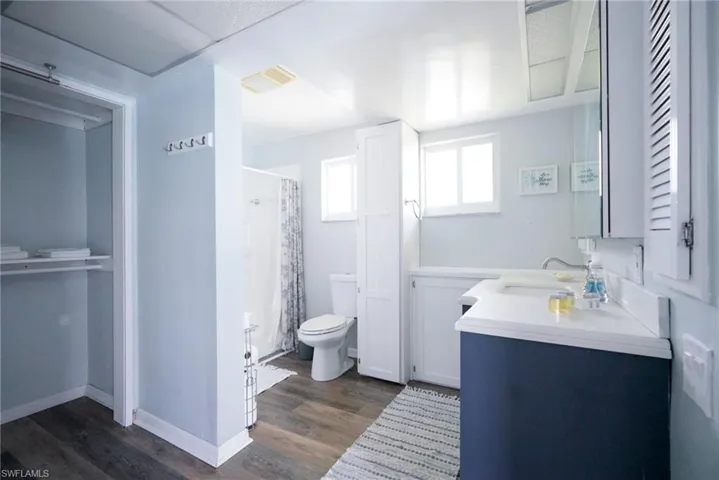 Bathroom featuring vanity, wood finished floors, and a shower with curtain