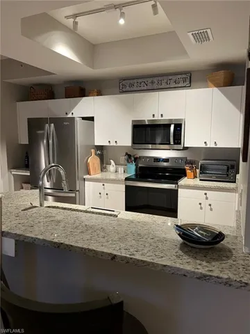 Kitchen featuring stainless steel appliances, track lighting, light stone counters, and a raised ceiling