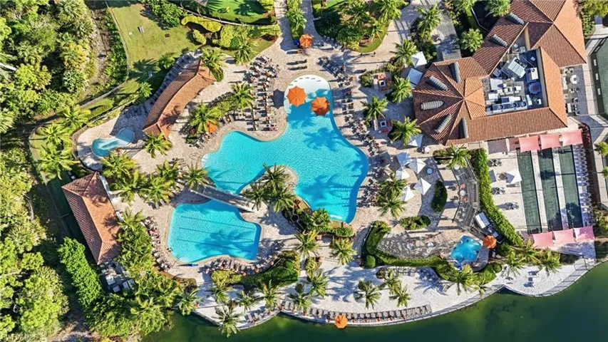 Drone / aerial view of a pool