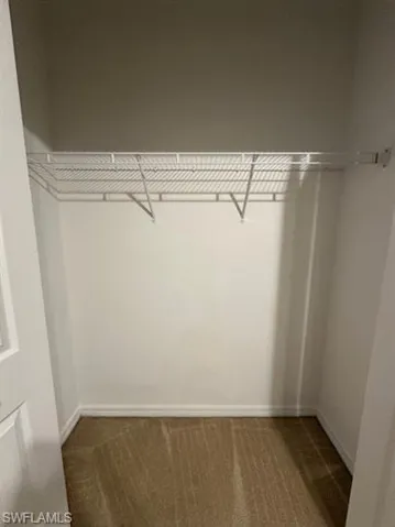 Walk in closet featuring dark colored carpet