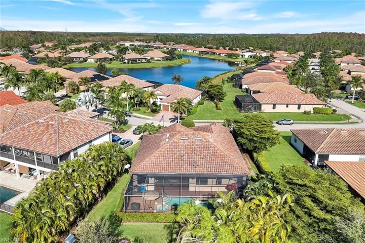 Aerial perspective of suburban area featuring a large body of water