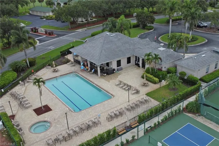 Aerial view of property and surrounding area with a pool area