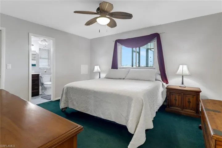 Carpeted bedroom with ceiling fan and connected bathroom
