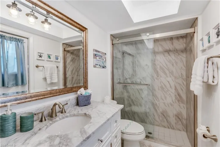 Bathroom featuring a skylight, toilet, a shower with door, and vanity