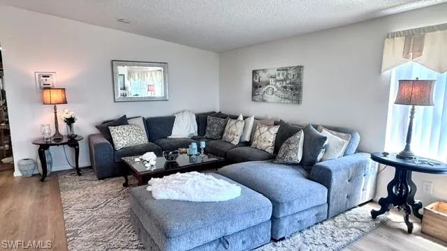 Open-concept living area featuring wood-finish flooring, white wall paint, and a textured area rug