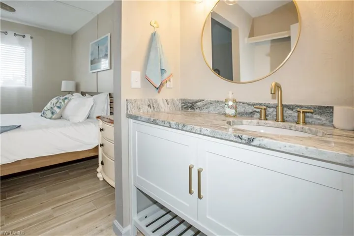 Bathroom with vanity and wood-type flooring