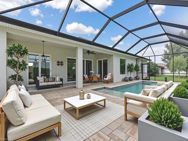 Swimming pool featuring outdoor lounge area, a sunroom, a lanai, a patio, and a ceiling fan