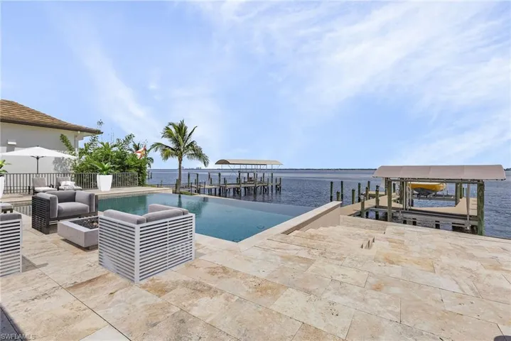 View of pool with a patio, a water view, a dock, and an outdoor fire pit