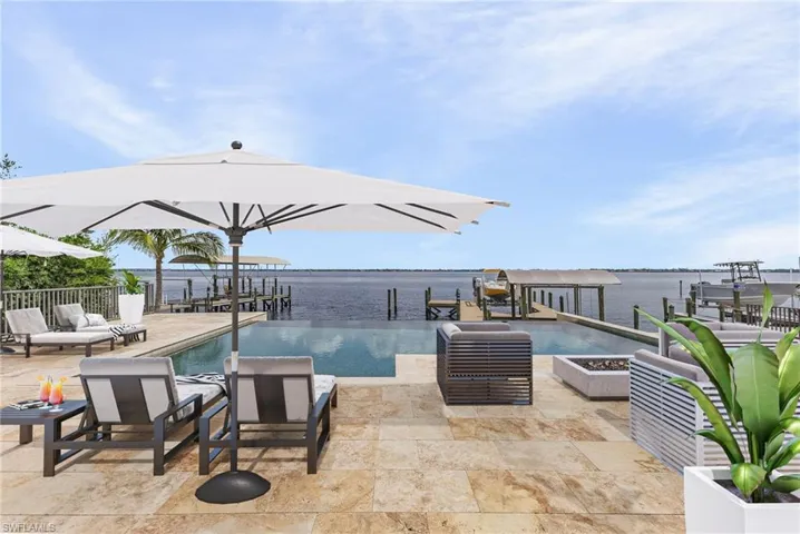 View of pool featuring a fire pit, a patio, a boat dock, and a water view