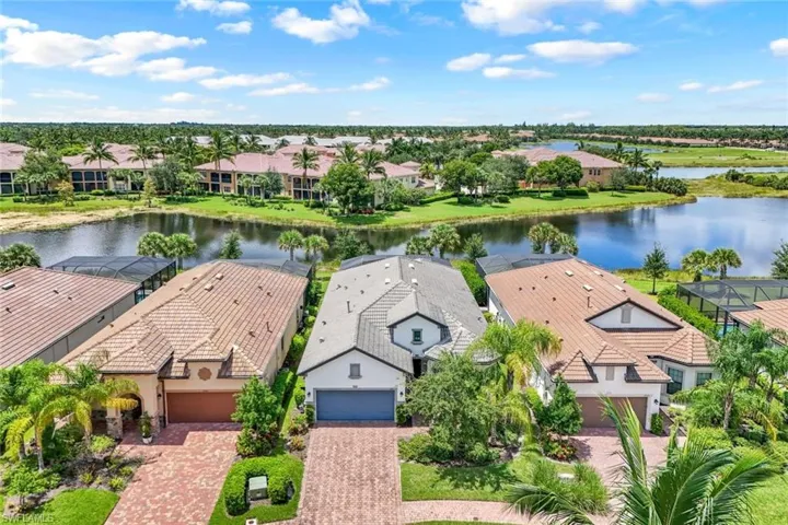 Birds eye view of property with a water view