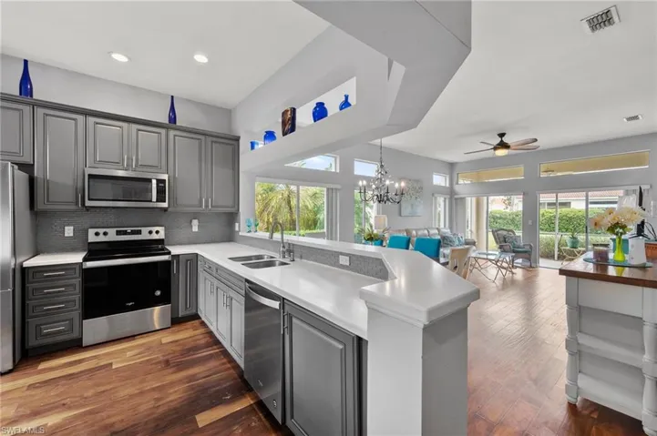Kitchen with kitchen peninsula, gray cabinetry, sink, appliances with stainless steel finishes, and dark hardwood / wood-style flooring