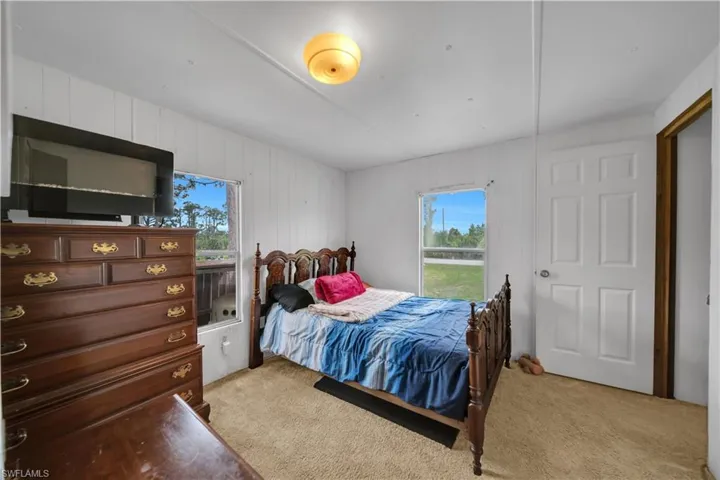 Bedroom featuring light carpet and multiple windows