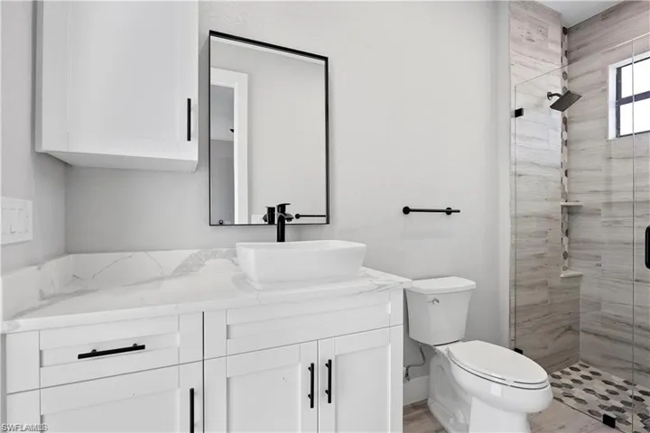 Bathroom with toilet, a stall shower, and vanity