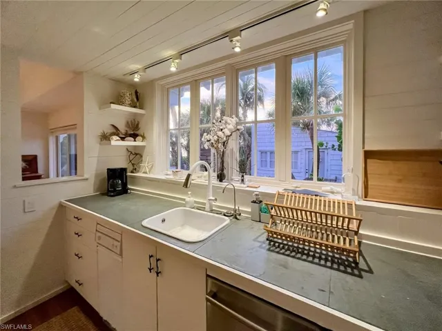 Kitchen with sink, track lighting, and dishwasher