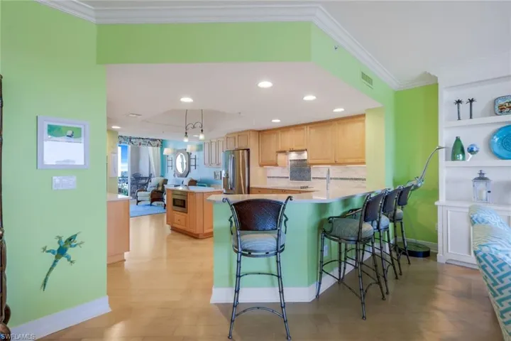 Kitchen to open living room space.
