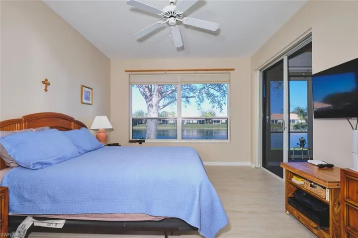 Bedroom featuring access to outside, a ceiling fan, and light wood-style floors