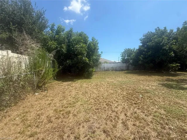 Spacious outdoor area featuring an expansive lawn, mature perimeter trees, a chain-link fence, and a white privacy fence