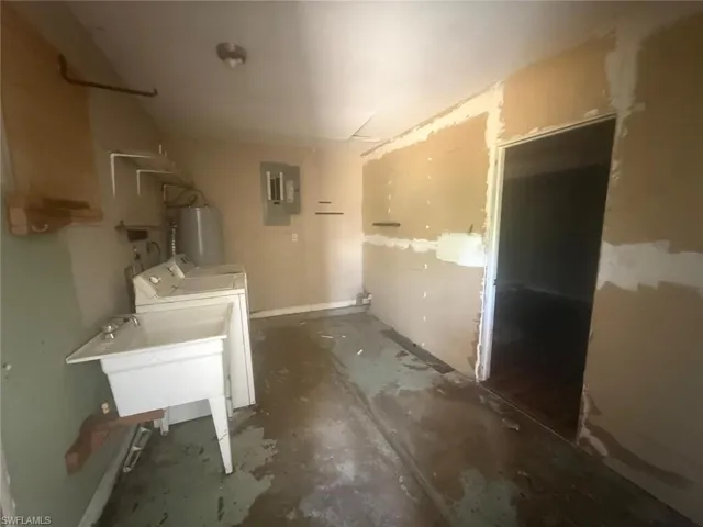 Utility room featuring a laundry basin, water heater, and electrical panel