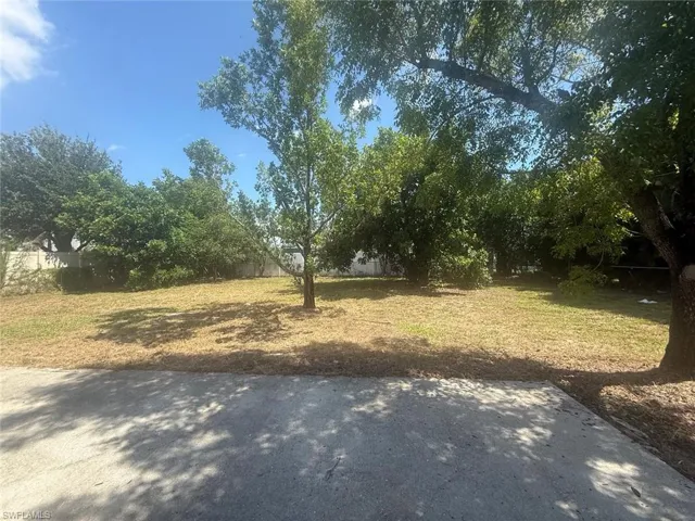 Expansive lot featuring mature trees, a concrete pad, and perimeter fencing