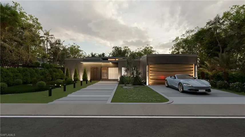 Contemporary home with concrete driveway, stucco siding, a garage, and a front yard