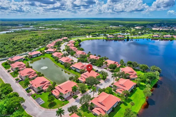 Aerial perspective of suburban area featuring a nearby body of water