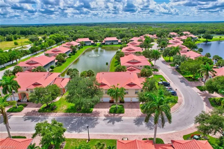 Aerial view of residential area with a nearby body of water