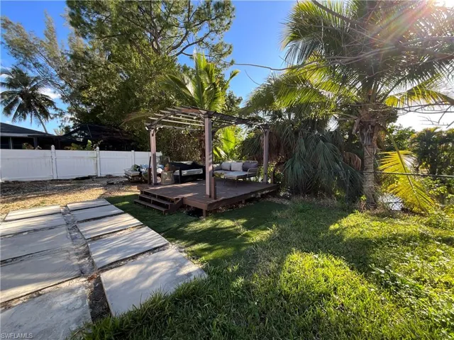 Fenced backyard with a deck and outdoor furniture