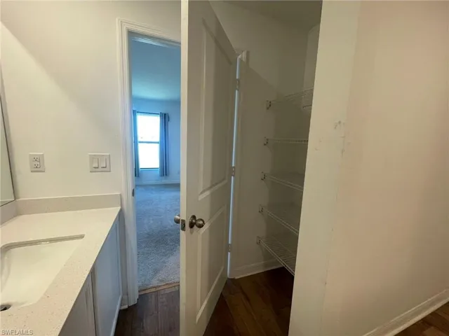Bathroom with hardwood / wood-style floors and vanity
