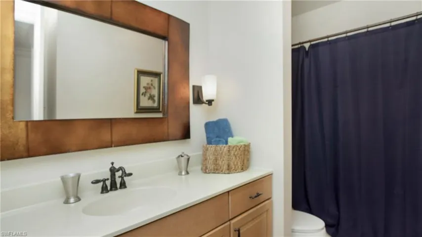 Bathroom featuring vanity, a shower with shower curtain, and toilet