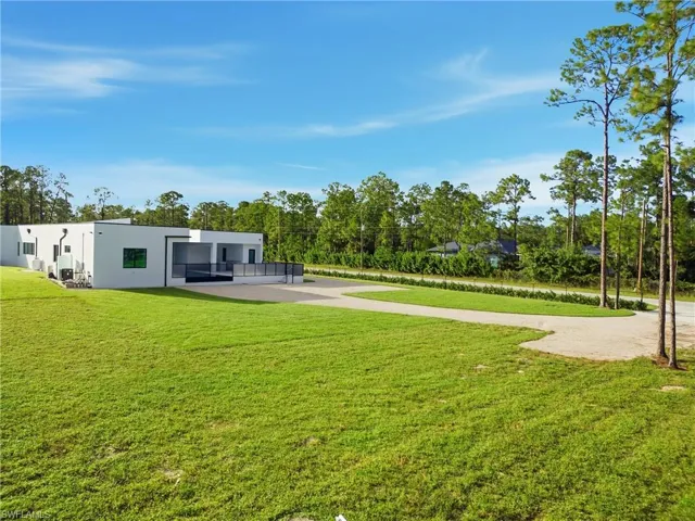 View of grassy yard featuring driveway and view of wooded area