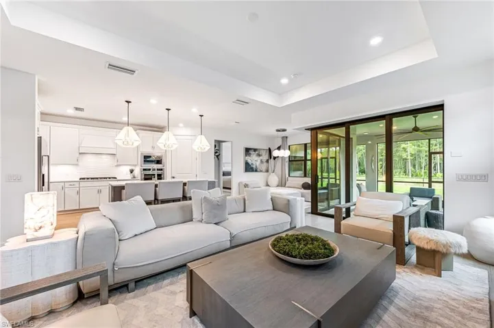 Living room featuring a tray ceiling