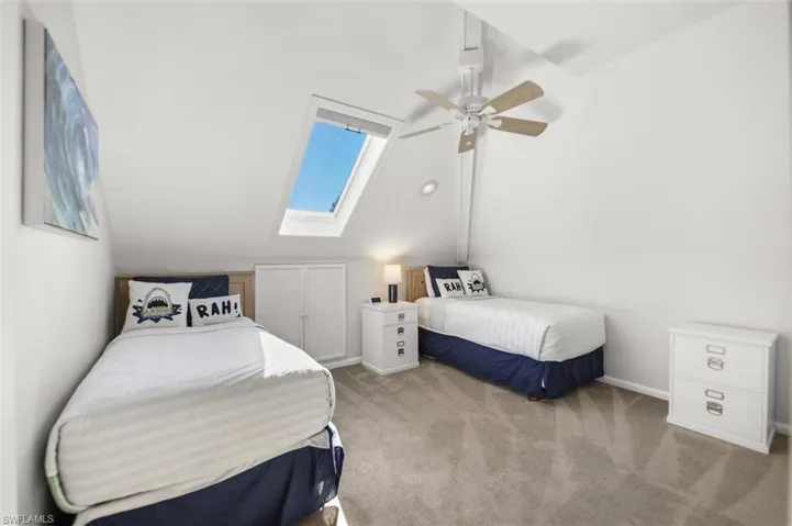 Loft featuring a skylight, carpet floors, and ceiling fan