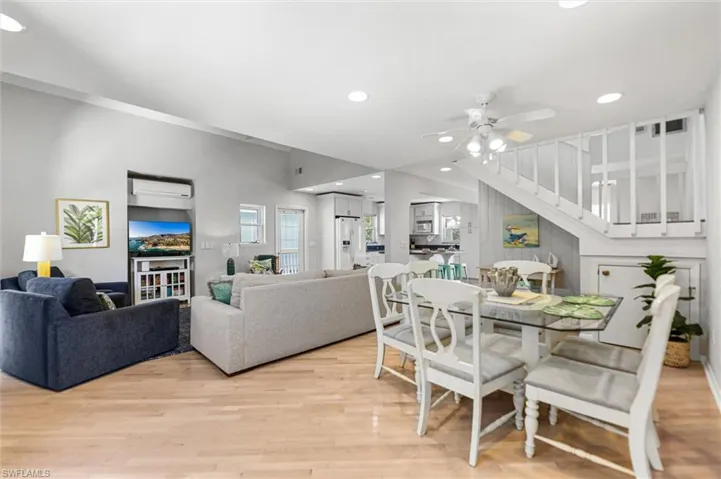 Dining area featuring recessed lighting, a ceiling fan, and light wood-type flooring