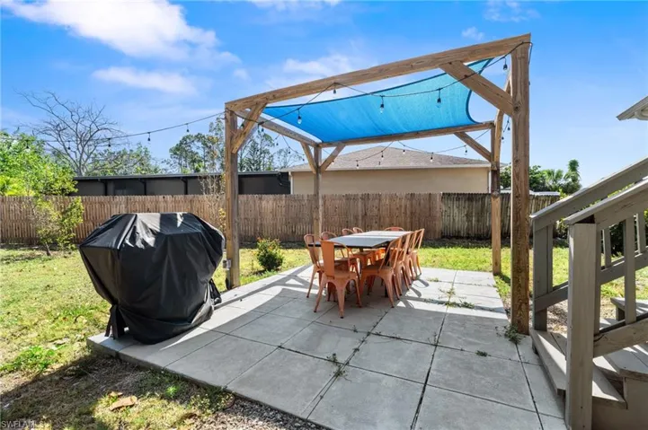 View of patio featuring outdoor dining area, area for grilling, and a fenced backyard