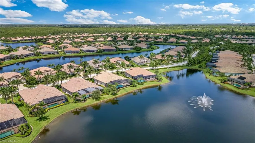 Aerial perspective of suburban area featuring a nearby body of water