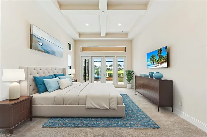 Carpeted bedroom with access to exterior, beam ceiling, coffered ceiling, french doors, and a high ceiling
