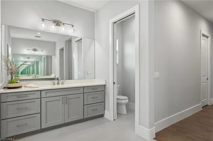 Bathroom with hardwood / wood-style flooring, vanity, and toilet