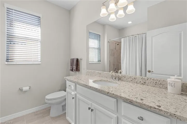 Bathroom featuring baseboards, toilet, an inviting chandelier, a shower with curtain, and vanity