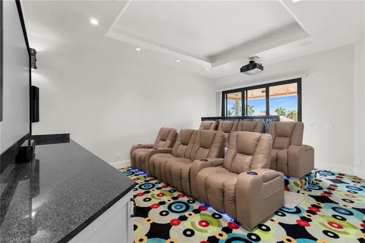 Dedicated media room featuring tiered seating, a large projection screen, and a ceiling-mounted projector
