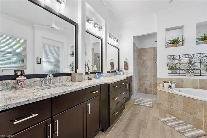 Full bathroom featuring crown molding, walk in shower, double vanity, a bath, and a sink