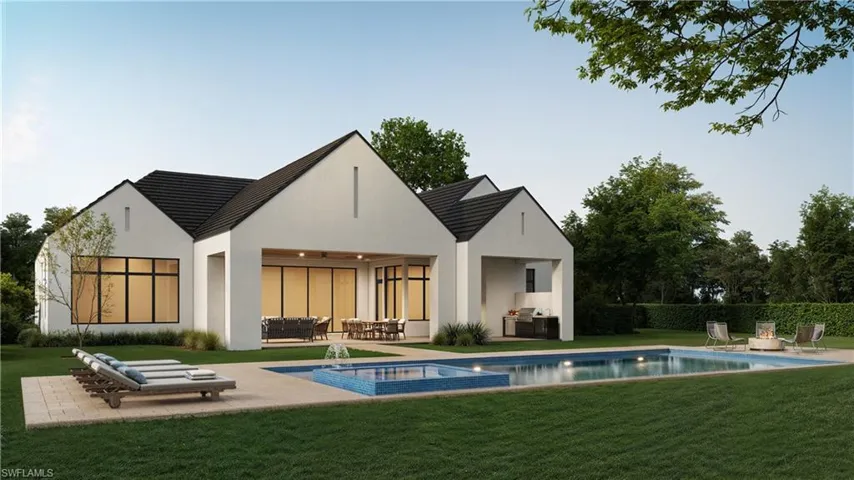 Rendered rear view of property with a lawn, a patio area, a pool with connected hot tub, stucco siding, and an outdoor kitchen with living area