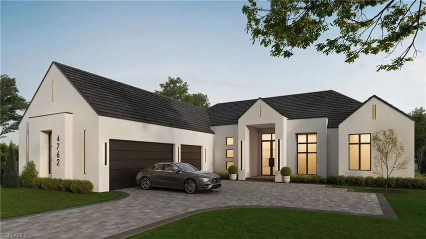 Rendered view of front of property featuring a garage, decorative driveway, stucco siding, and a front lawn