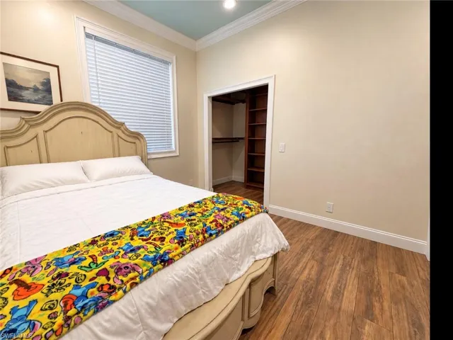 Wood-finish flooring, tray ceiling with crown molding, and walk-in closet featuring built-in shelving