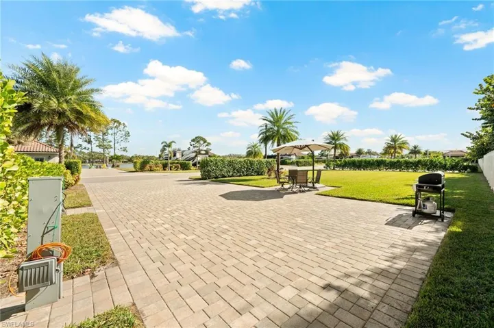 Surrounding community with a patio area and a lawn