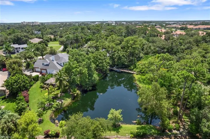 Drone / aerial view of a tree filled landscape and a large body of water