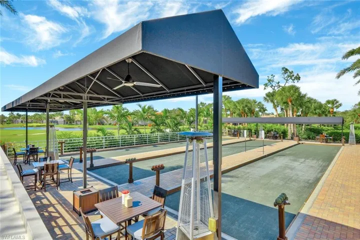 Three Bocce courts featuring covered and lighted playing areas.