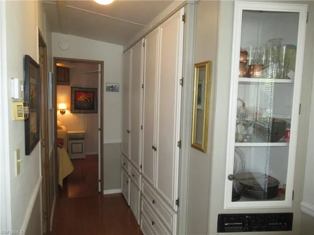 Hallway with dark wood finished floors