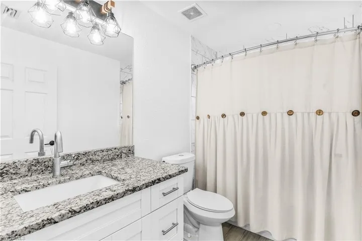 Bathroom with walk in shower, wood-type flooring, vanity, and toilet
