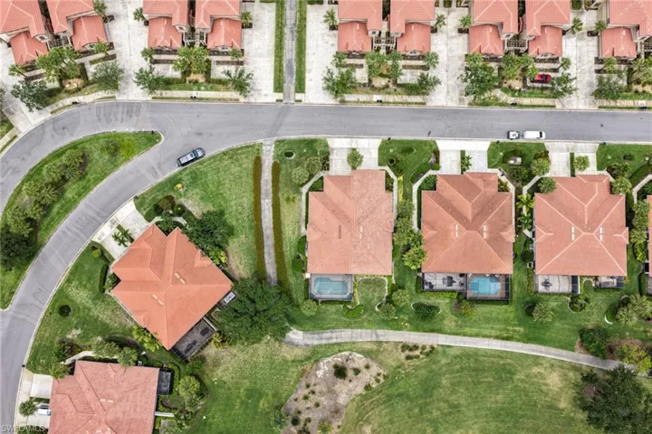 Residential properties featuring terracotta tile roofs, private rear patios, and individual swimming pools