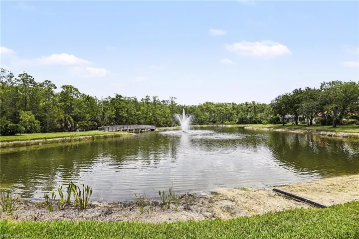 Water feature with a fountain, surrounded by mature trees and lush green landscaping